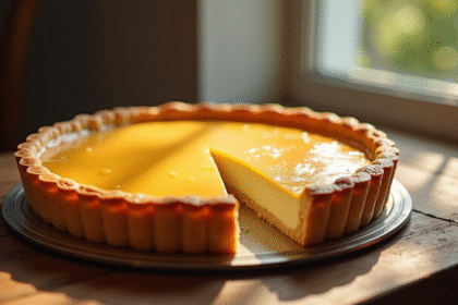 Tarte aux amandes fraîche sortie du four avec surface dorée