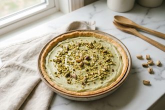 Tarte maison à la pistache vue de dessus sur un plan de travail en marbre blanc avec garniture crémeuse vert pâle et pistaches concassées