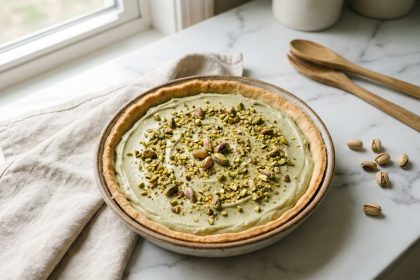 Tarte maison à la pistache vue de dessus sur un plan de travail en marbre blanc avec garniture crémeuse vert pâle et pistaches concassées