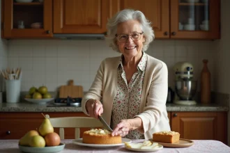 Femme âgée souriante coupant une tarte aux poires maison