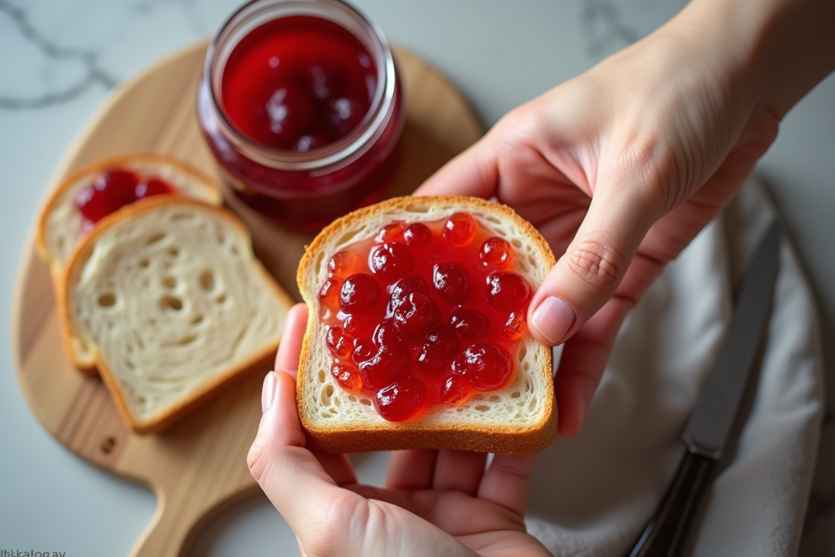 Mains étalant de la confiture de sorbier sur du pain