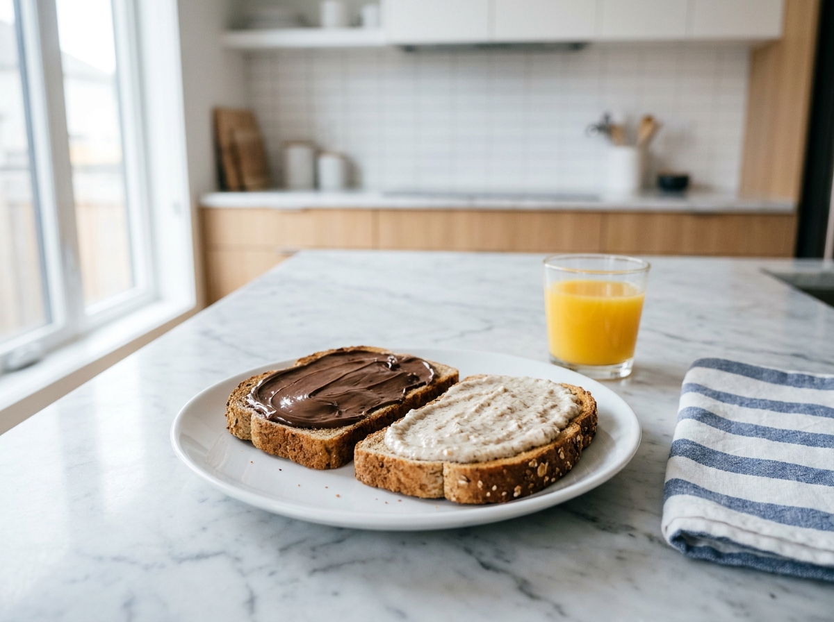Deux tartines grillées comparant la pâte à tartiner classique et la crème aux fruits secs sur un comptoir en marbre