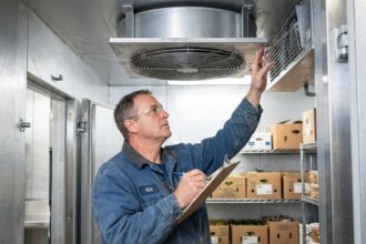 Technicien inspectant un ventilateur de chambre froide