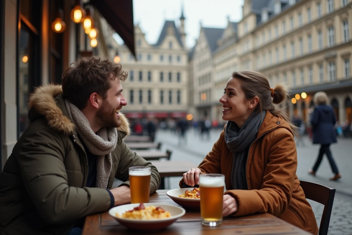 Deux amis savourant une carbonnade flamande en terrasse sur la Grand-Place de Lille