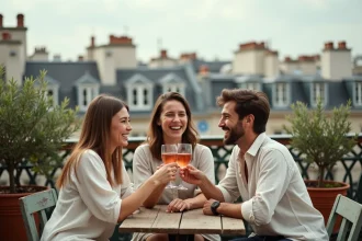 Groupe d'amis qui trinquent en terrasse sur un rooftop parisien avec vue sur les toits haussmanniens