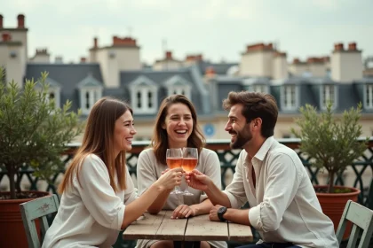 Groupe d'amis qui trinquent en terrasse sur un rooftop parisien avec vue sur les toits haussmanniens
