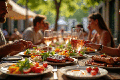 Terrasse en plein air à Toulouse avec amis dégustant grillades et rosé