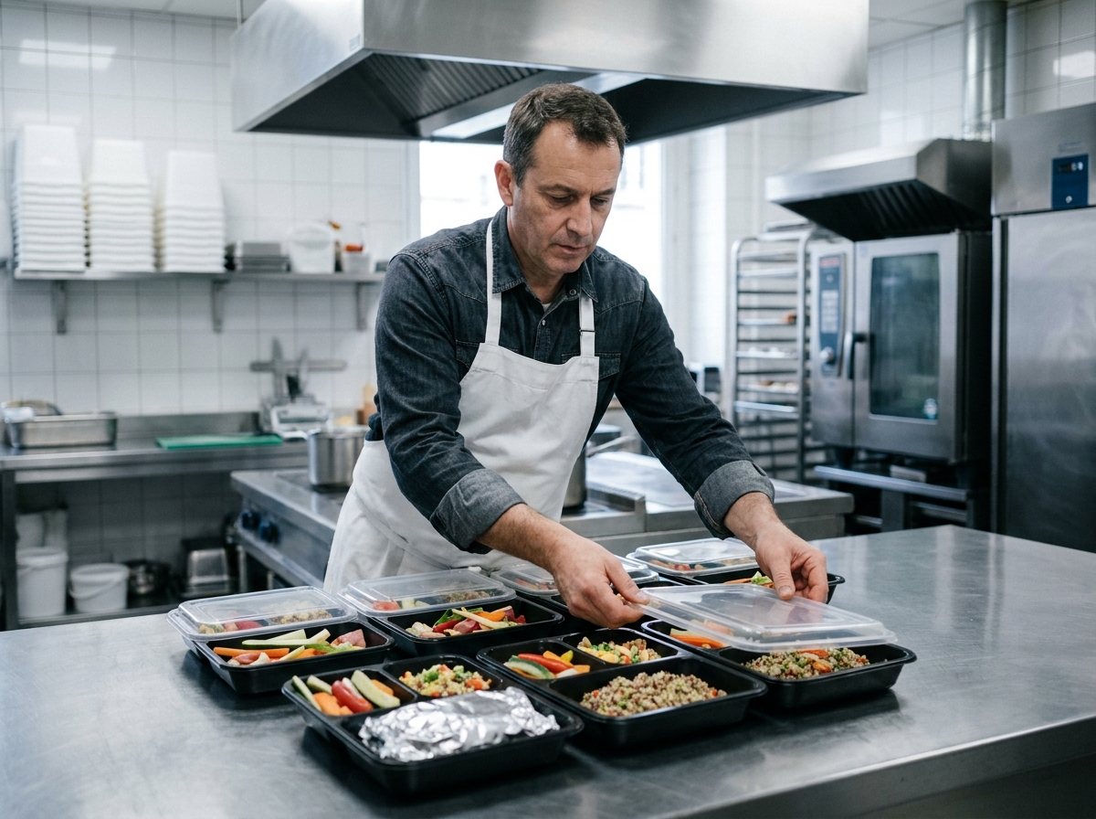 Traiteur préparant des plateaux-repas dans une cuisine professionnelle parisienne