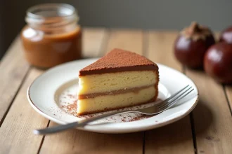 Tranche de marron gâteau léger sur assiette blanche avec châtaignes entières en arrière-plan, vue en plongée sur table en bois clair