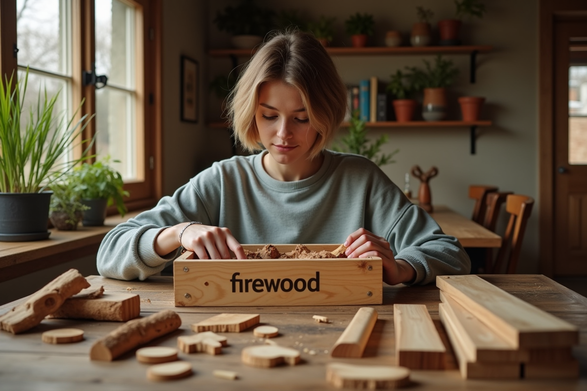 Jeune femme triant des morceaux de bois dans une ambiance chaleureuse
