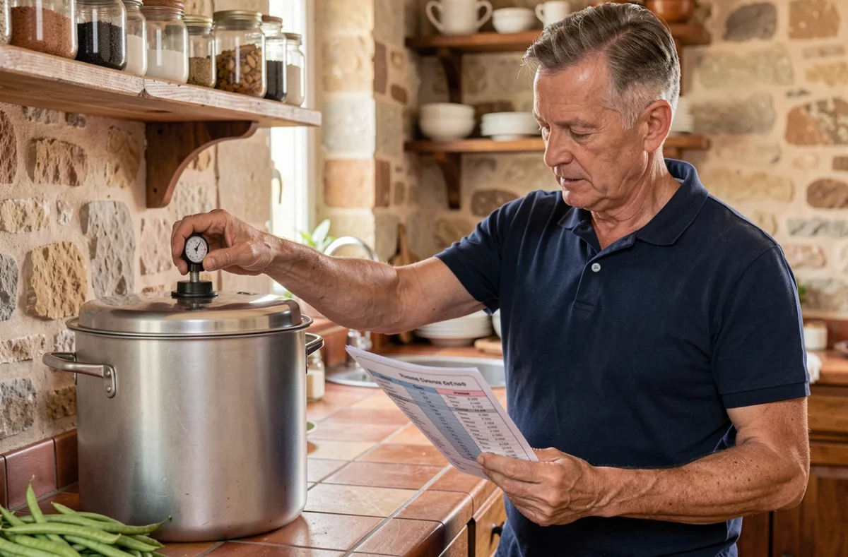 Homme vérifiant la soupape d'une cocotte minute avec un tableau de temps de cuisson des haricots verts dans une cuisine provençale