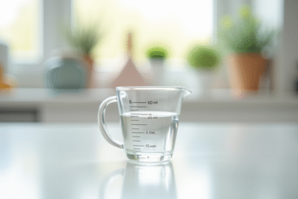 Verre mesure 60 ml sur plan de travail lumineux