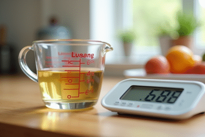 Verre mesure avec liquide translucide et balance de cuisine