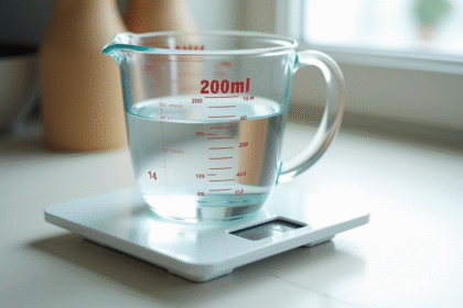 Verre mesureur rempli à 200ml d'eau sur balance numérique