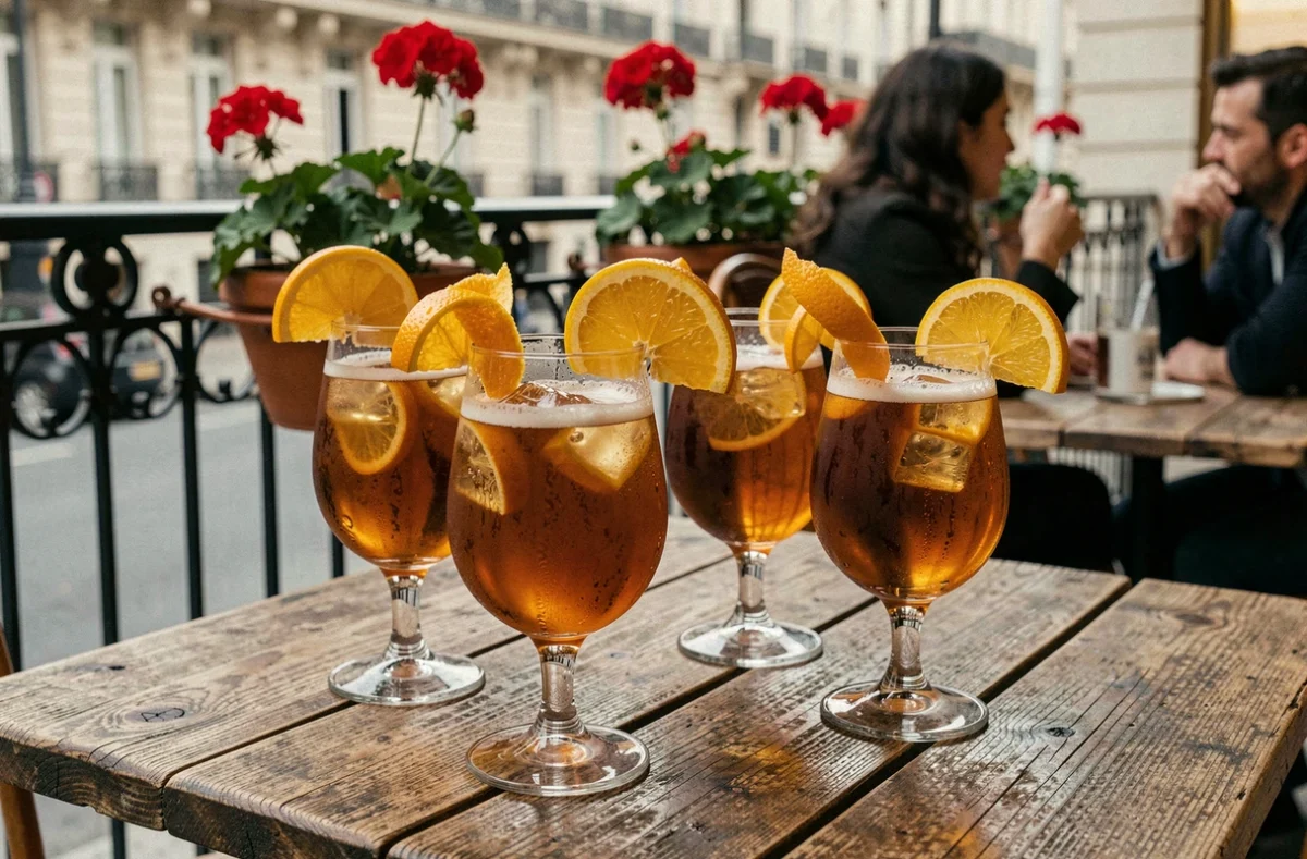 Quatre verres d'Americano apéritif garnis d'oranges sur une table de bistrot parisien en terrasse, illustration d'un service soigné pour une grande tablée lors d'un apéritif convivial