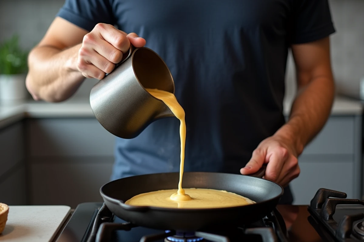 Homme versant une pâte à crêpe lisse dans une poêle en fonte chaude sur un fourneau à gaz dans une cuisine moderne