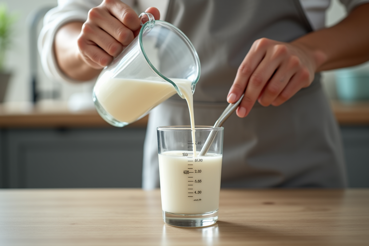 Main versant 200ml de lait dans un verre en cuisine moderne