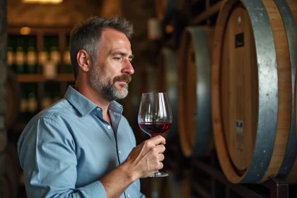 Vigneron en robe bleue dégustant un vin rouge dans une cave